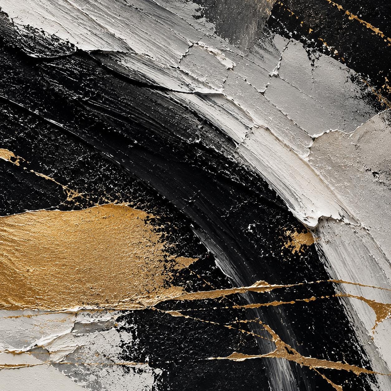 Textured Abstract Black & Gold Painting, Modern Impasto Canvas Art