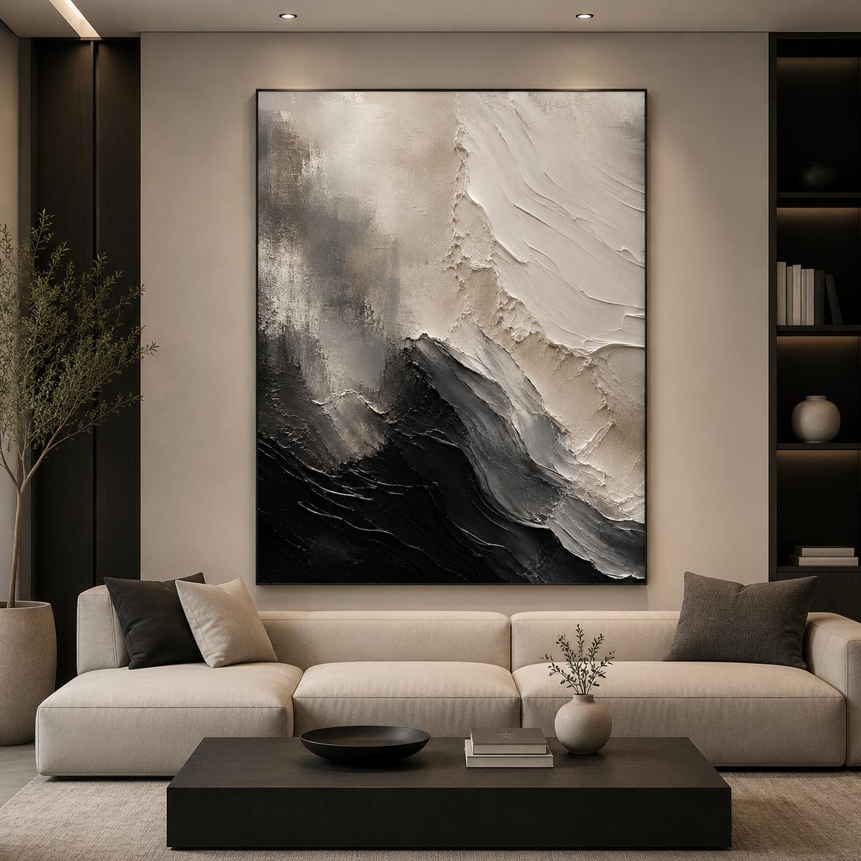 Textured Abstract Monochrome Painting, Black & White Impasto Canvas Art