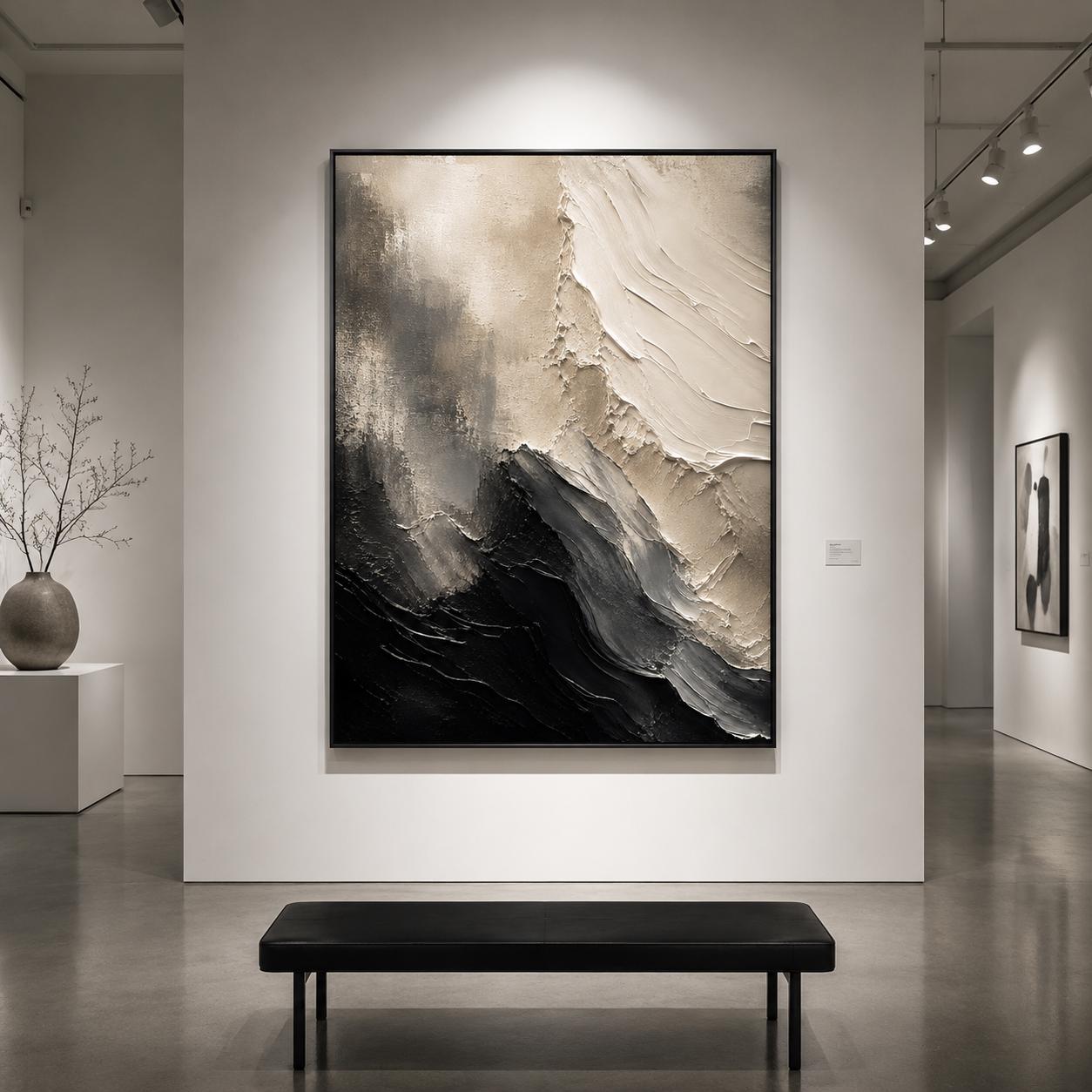 Textured Abstract Monochrome Painting, Black & White Impasto Canvas Art