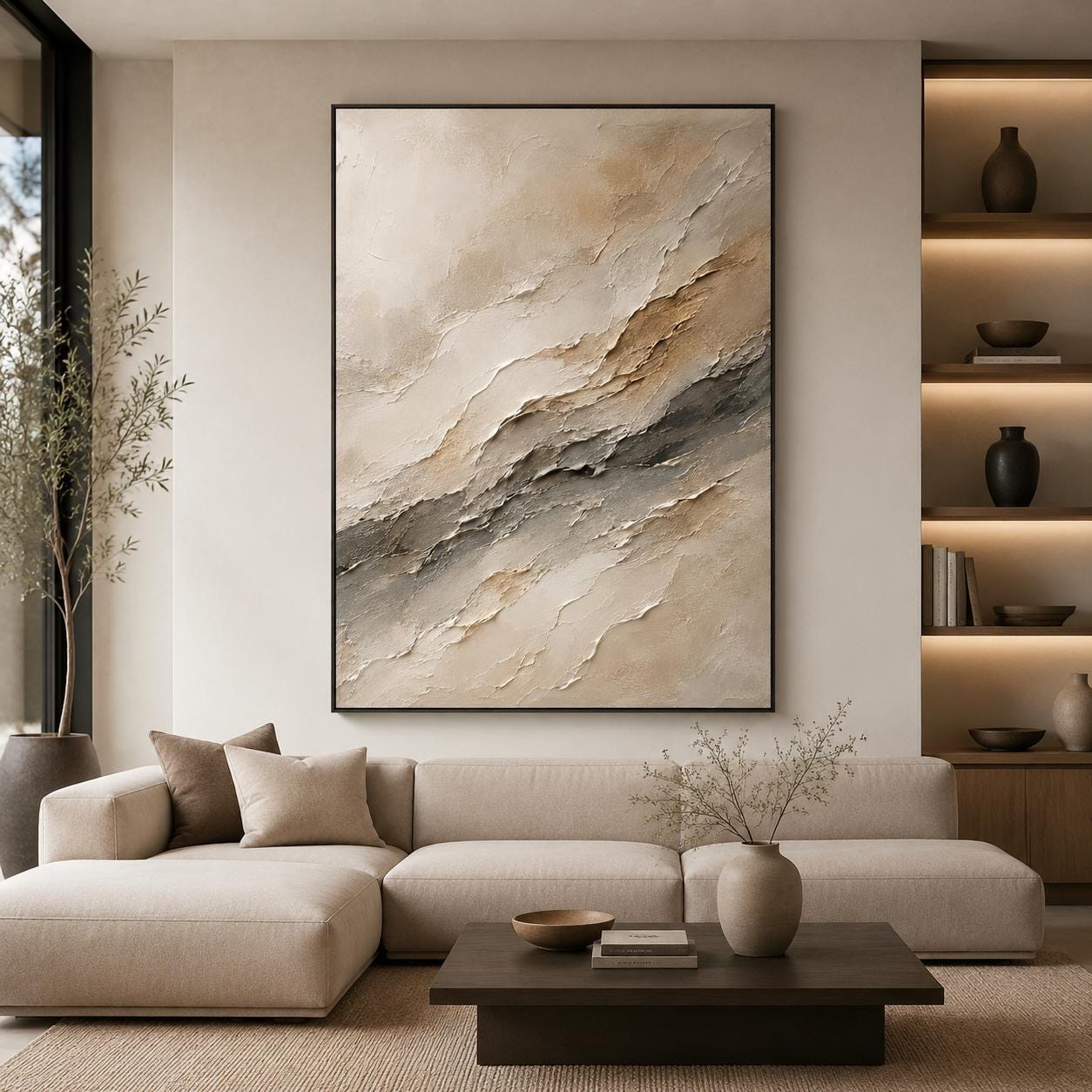 Textured Abstract Neutral Canvas Painting, Layered Impasto Art