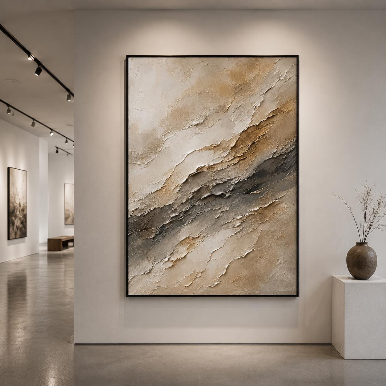 Textured Abstract Neutral Canvas Painting, Layered Impasto Art
