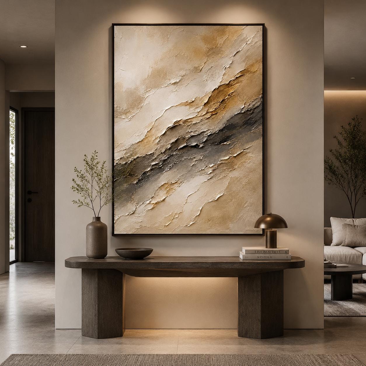 Textured Abstract Neutral Canvas Painting, Layered Impasto Art