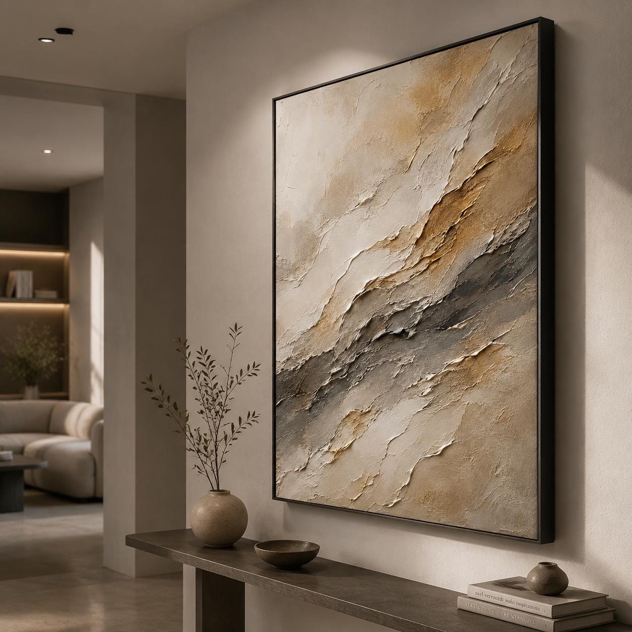 Textured Abstract Neutral Canvas Painting, Layered Impasto Art