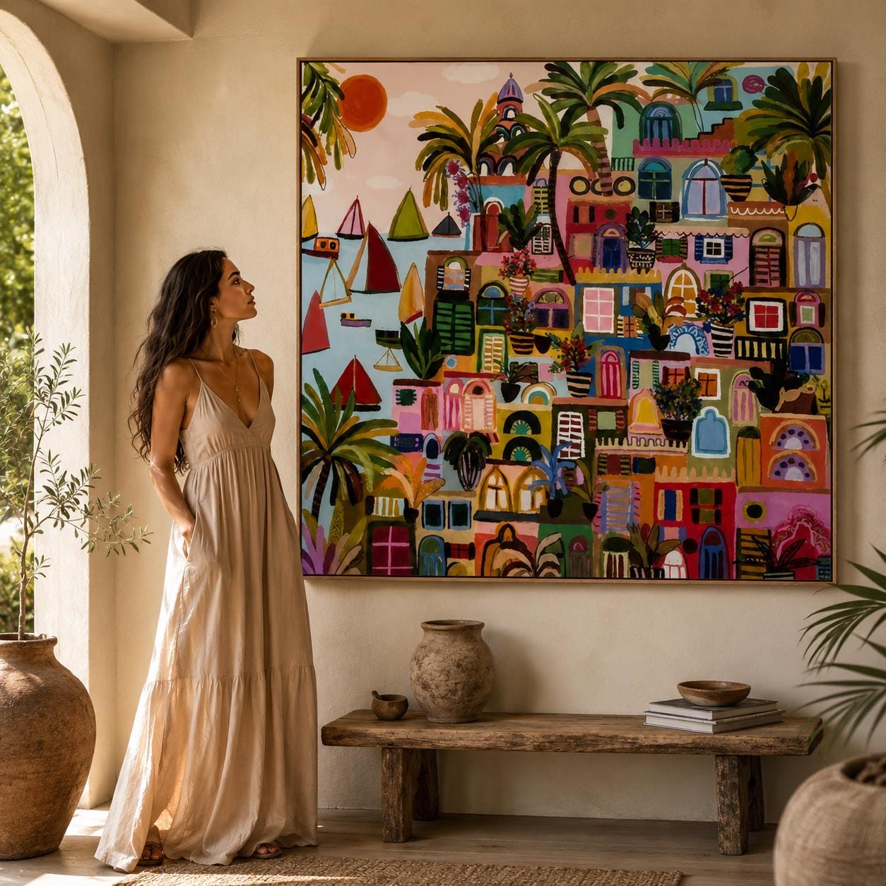 Colorful Mediterranean Town Painting, Boho Coastal Wall Art, Vibrant City Canvas Home Decor