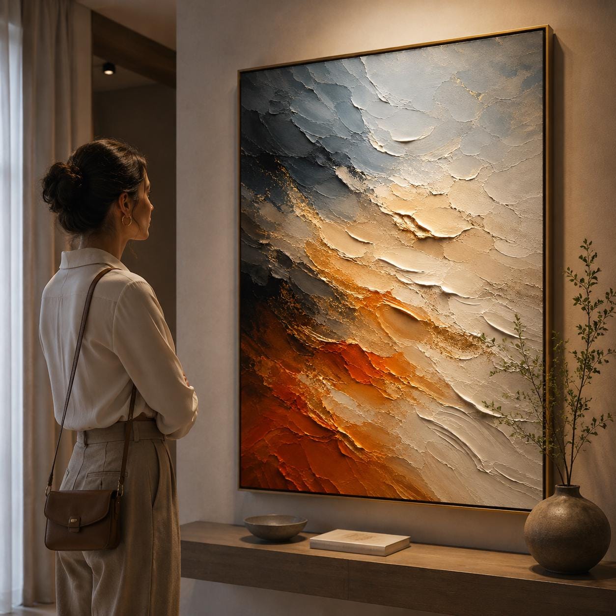 Textured Abstract Neutral Canvas Painting, Layered Impasto Artwork
