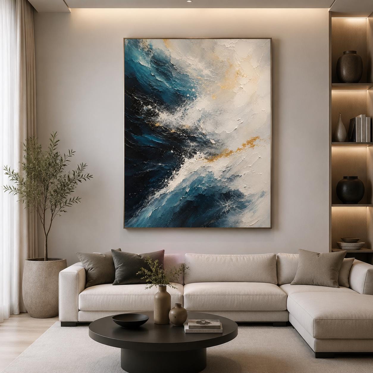 Textured Ocean Abstract Painting, Blue & White Canvas Art