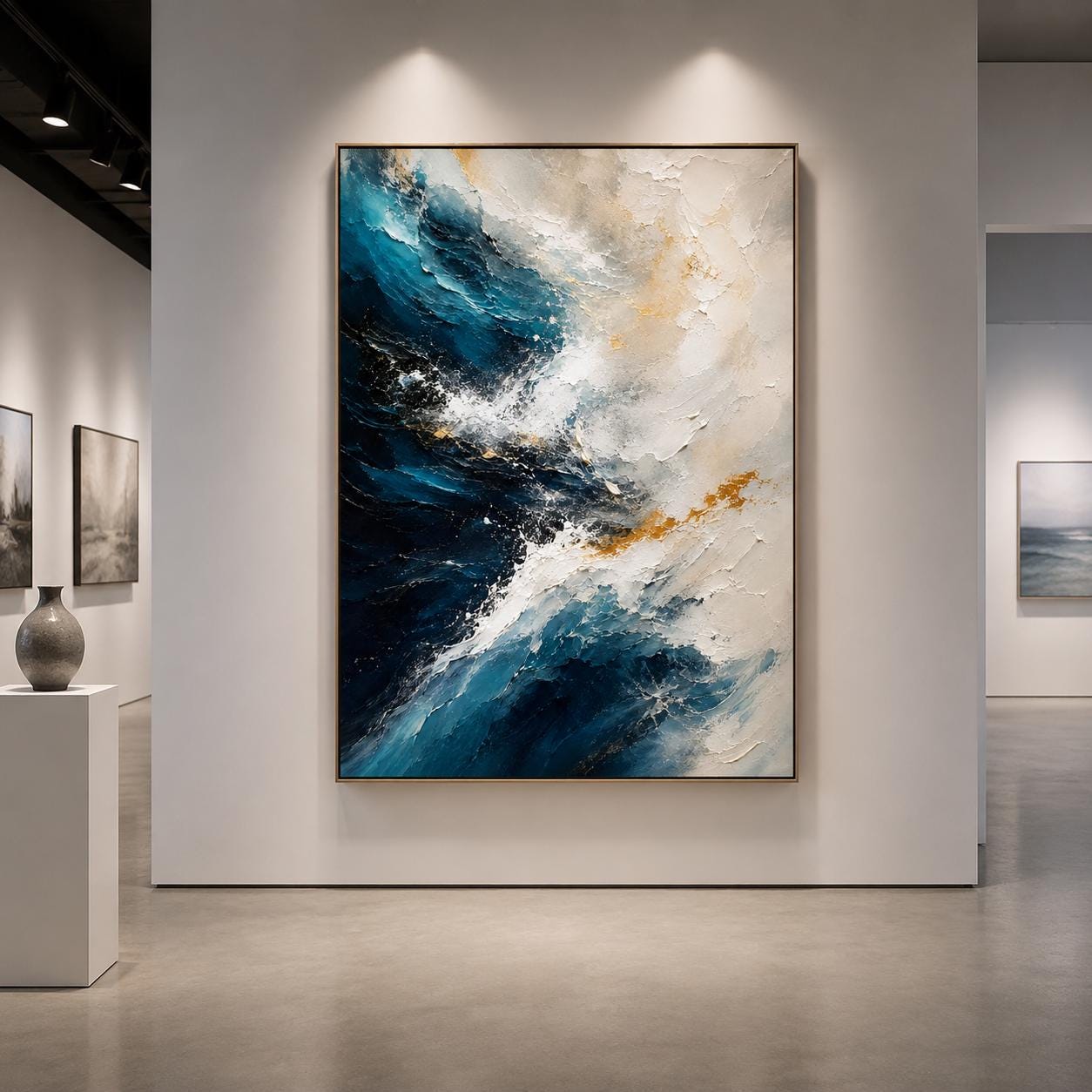 Textured Ocean Abstract Painting, Blue & White Canvas Art