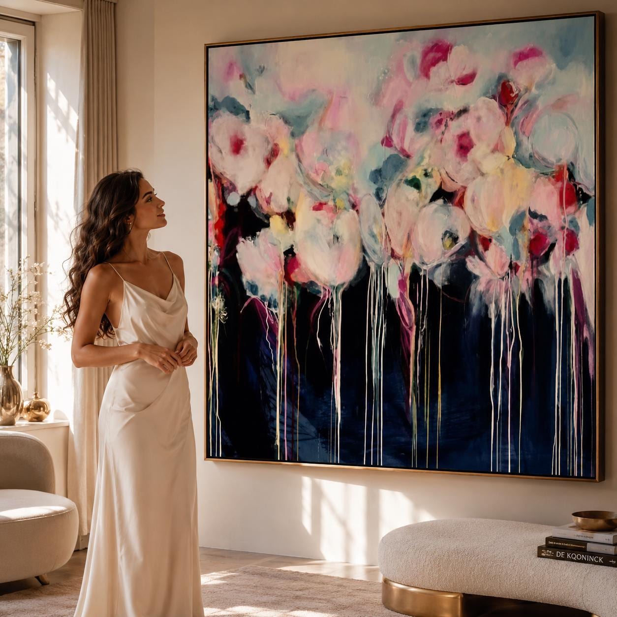 Pink Floral Abstract Painting, Romantic Flower Wall Art, Feminine Contemporary Canvas