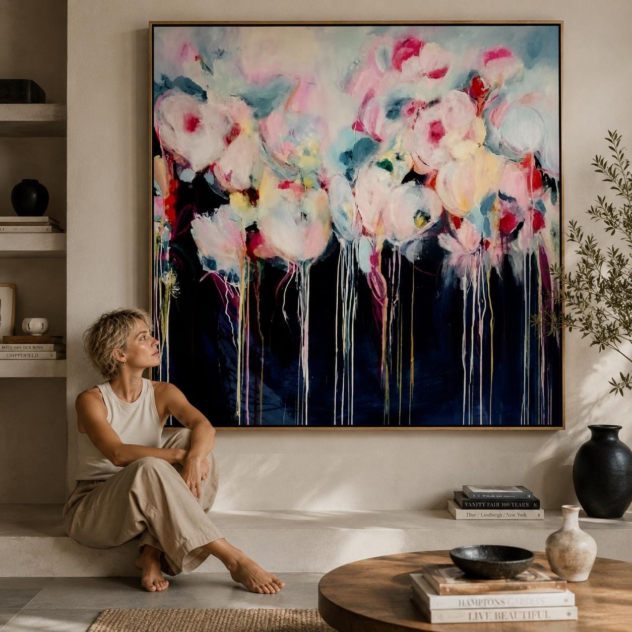 Pink Floral Abstract Painting, Romantic Flower Wall Art, Feminine Contemporary Canvas