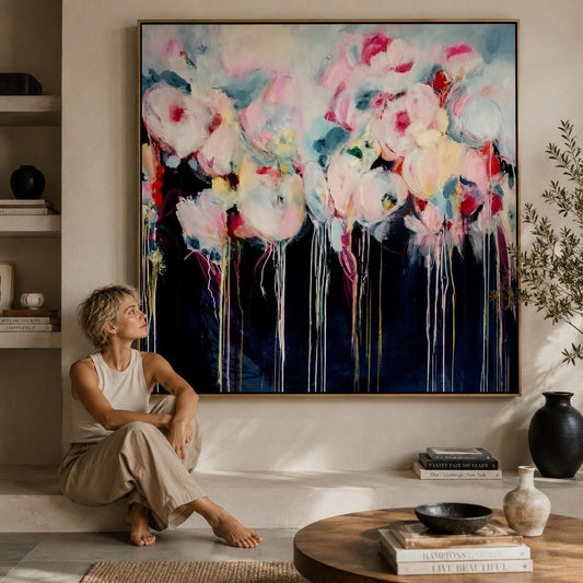 Pink Floral Abstract Painting, Romantic Flower Wall Art, Feminine Contemporary Canvas