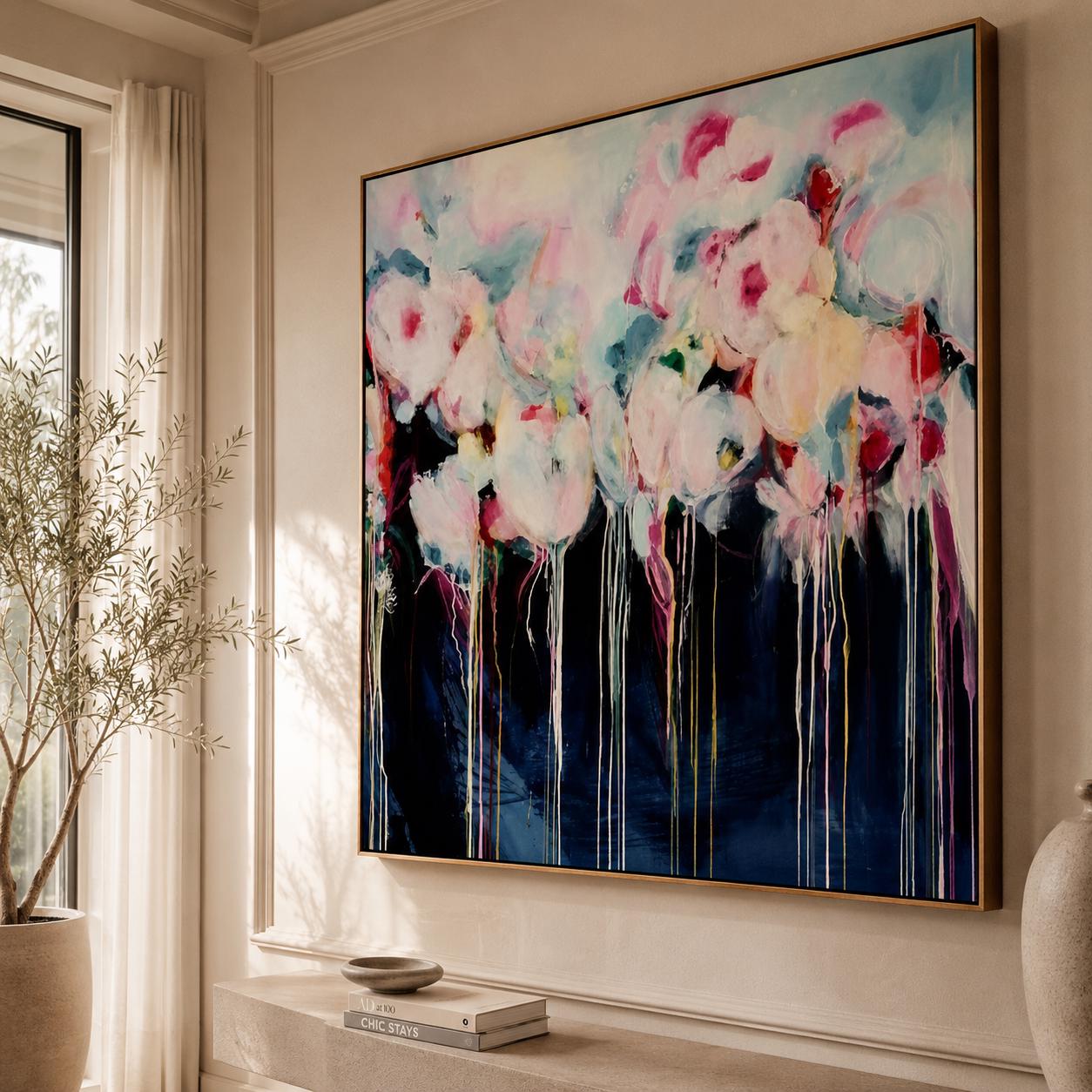Pink Floral Abstract Painting, Romantic Flower Wall Art, Feminine Contemporary Canvas
