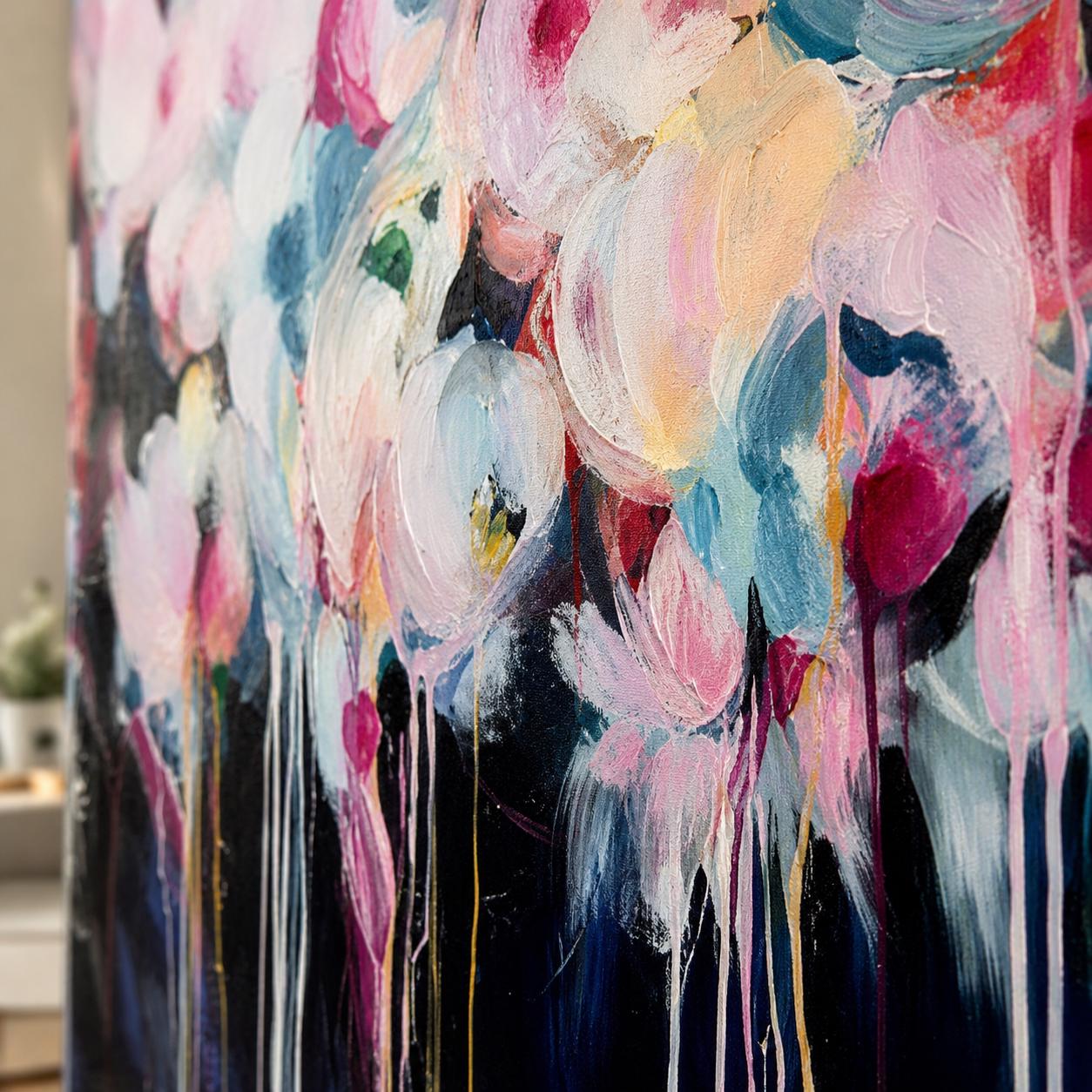 Pink Floral Abstract Painting, Romantic Flower Wall Art, Feminine Contemporary Canvas