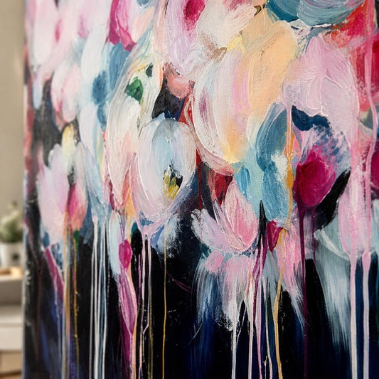 Pink Floral Abstract Painting, Romantic Flower Wall Art, Feminine Contemporary Canvas