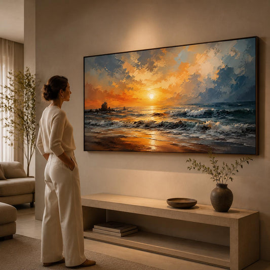 Textured Ocean Sunset Painting, Seascape Canvas Art, Palette Knife Artwork