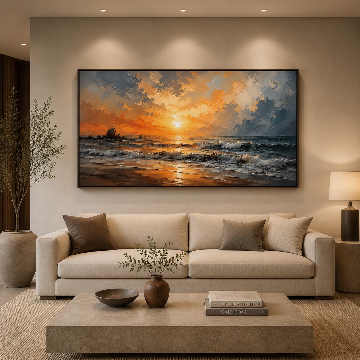 Textured Ocean Sunset Painting, Seascape Canvas Art, Palette Knife Artwork