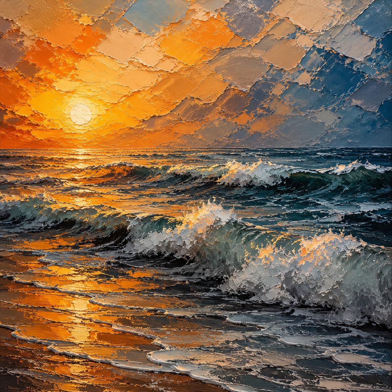 Textured Ocean Sunset Painting, Seascape Canvas Art, Palette Knife Artwork