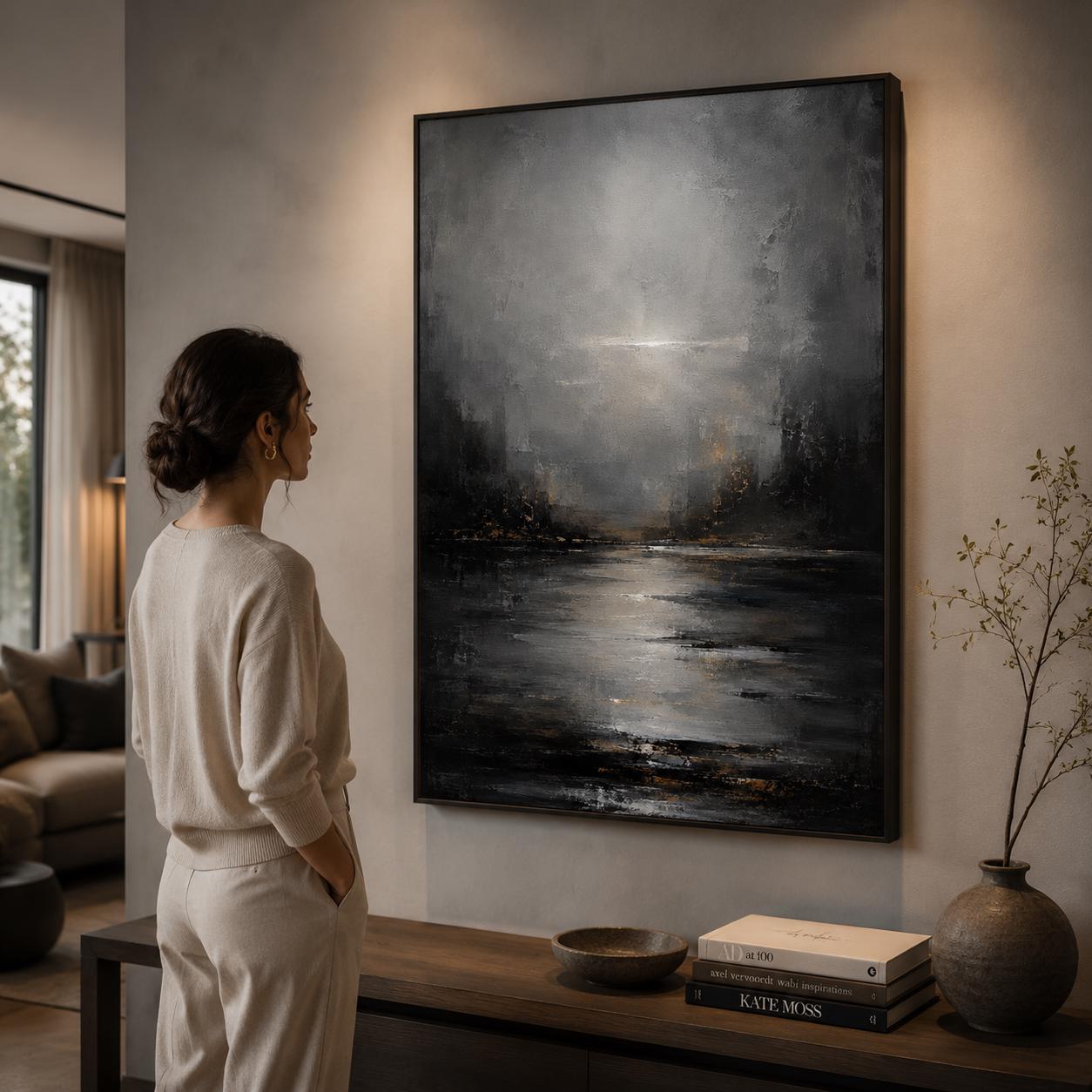 Textured Abstract Moody Landscape Painting, Dark & Neutral Impasto Canvas