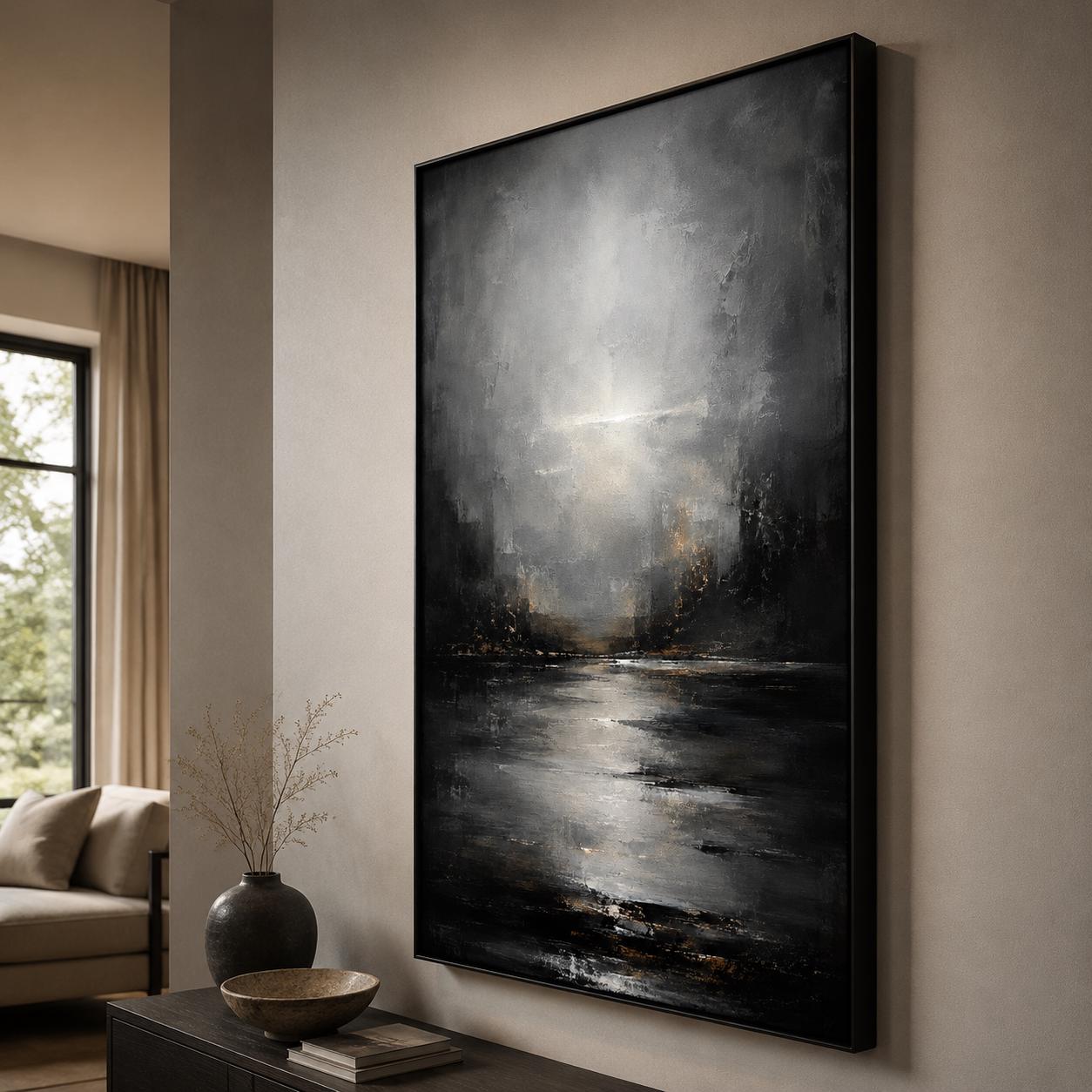 Textured Abstract Moody Landscape Painting, Dark & Neutral Impasto Canvas