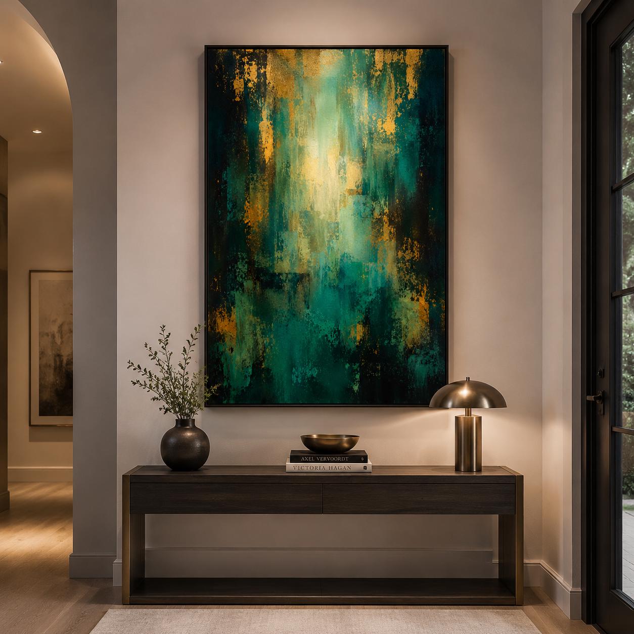 Textured Abstract Teal & Gold Painting, Impasto Canvas Art