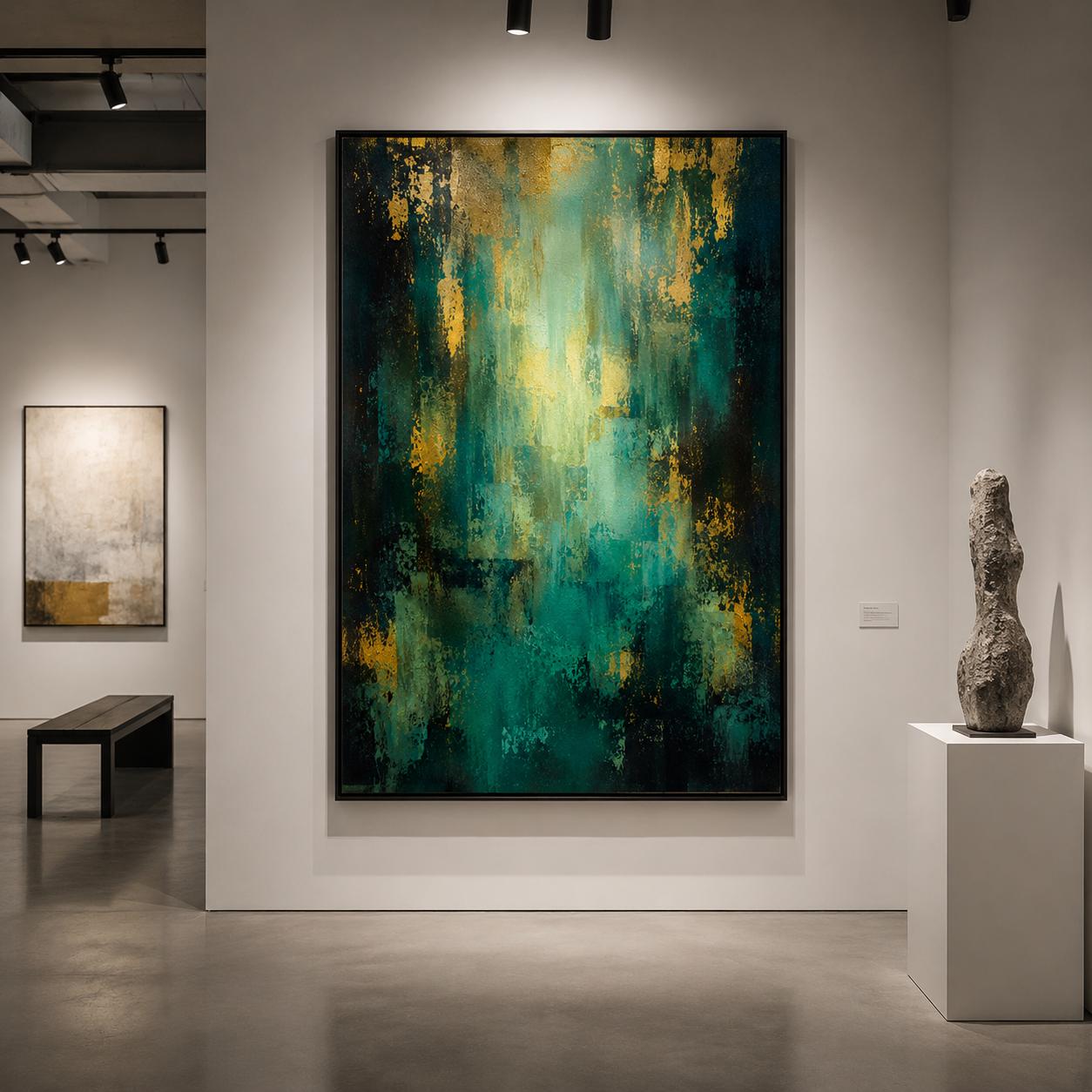 Textured Abstract Teal & Gold Painting, Impasto Canvas Art