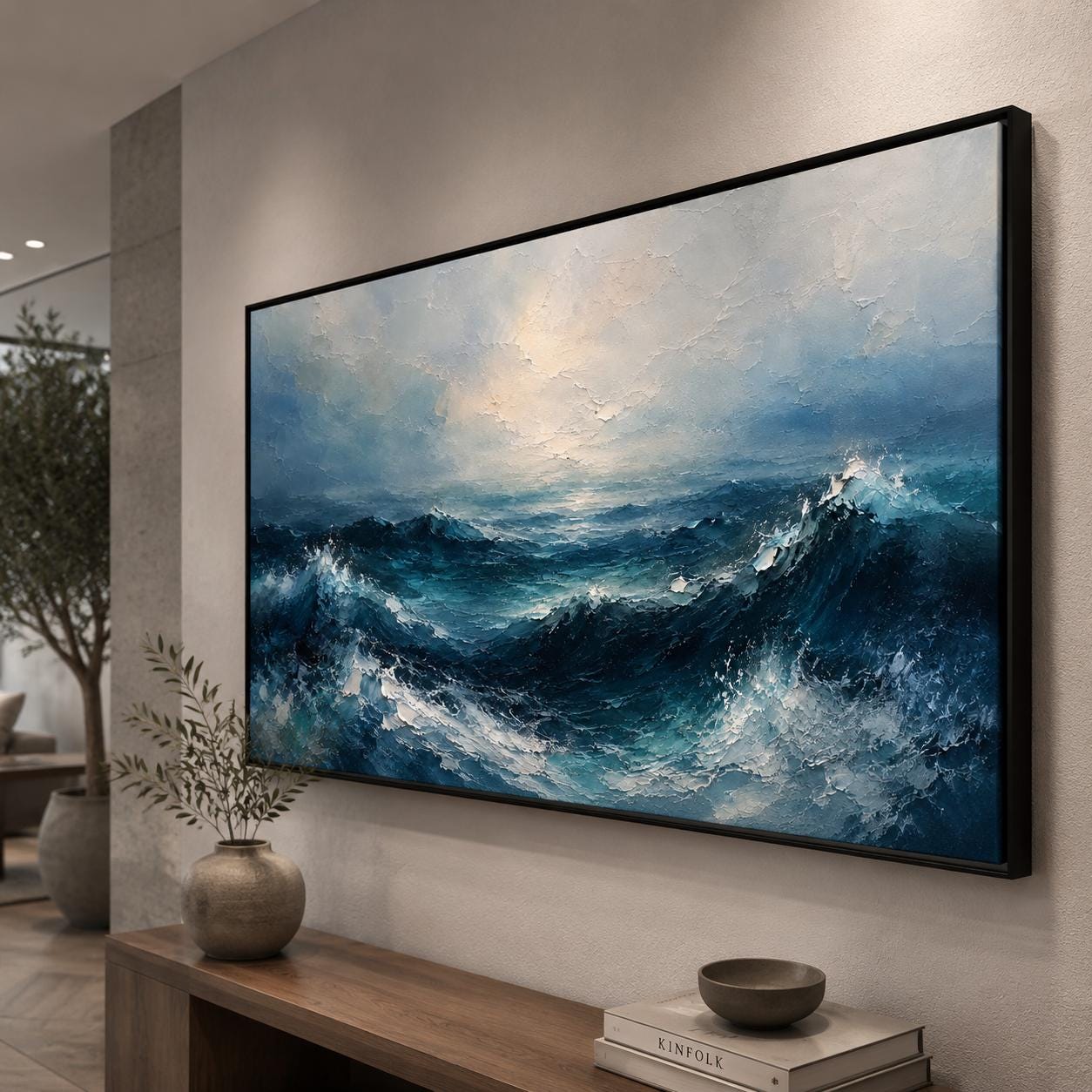 Textured Stormy Sea Painting, Impasto Ocean Canvas Art