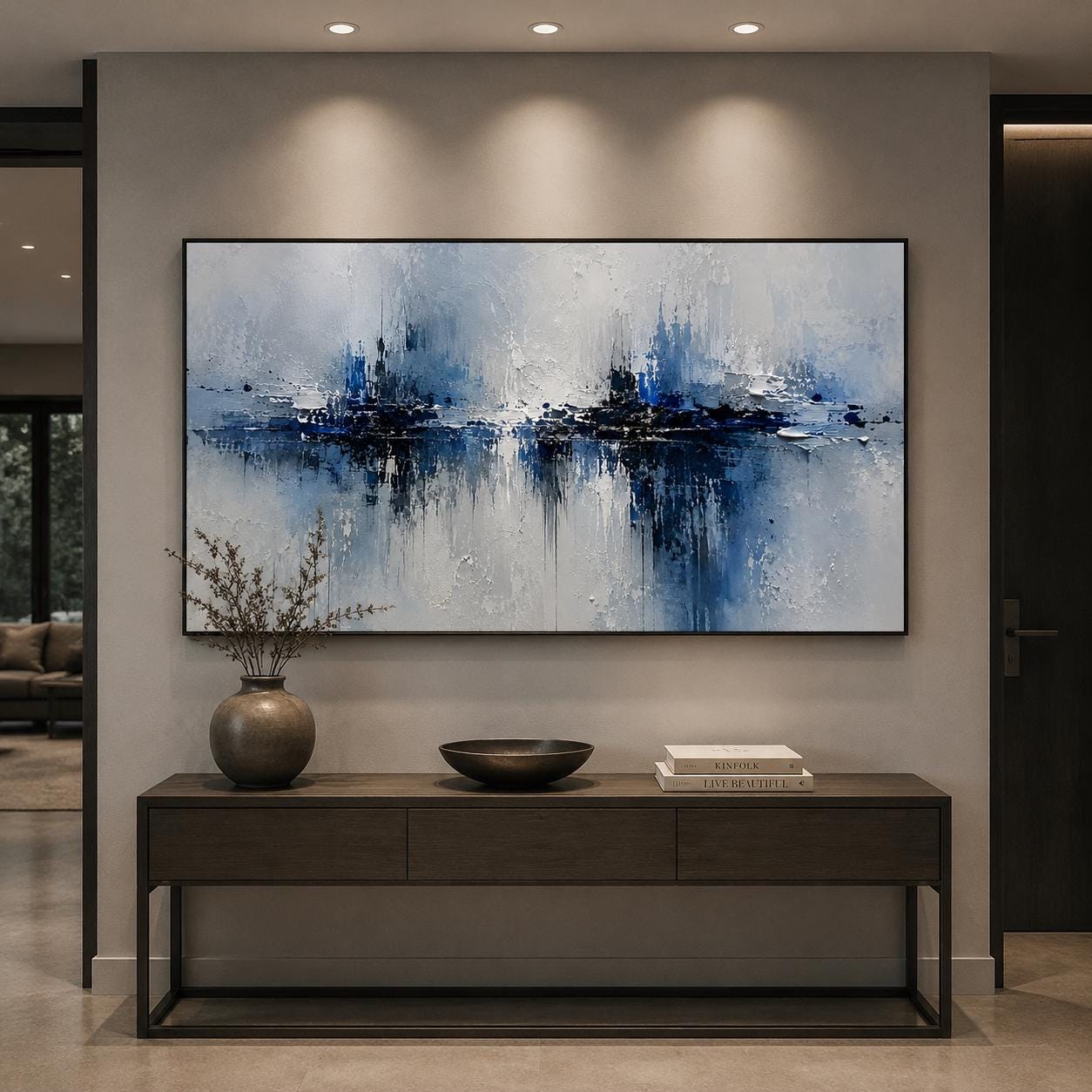 Textured Blue & White Abstract Painting, Impasto Canvas Art