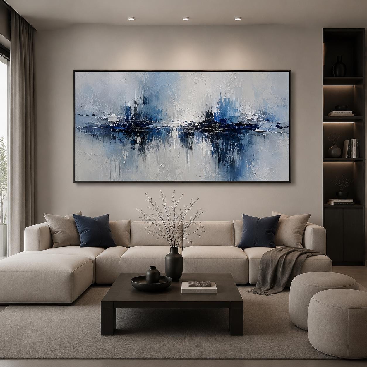 Textured Blue & White Abstract Painting, Impasto Canvas Art