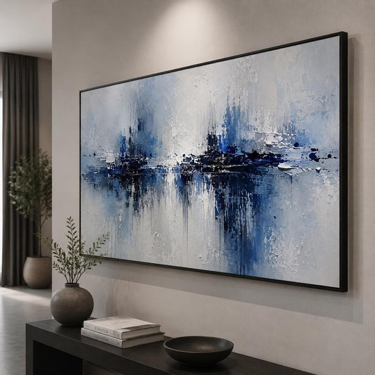 Textured Blue & White Abstract Painting, Impasto Canvas Art