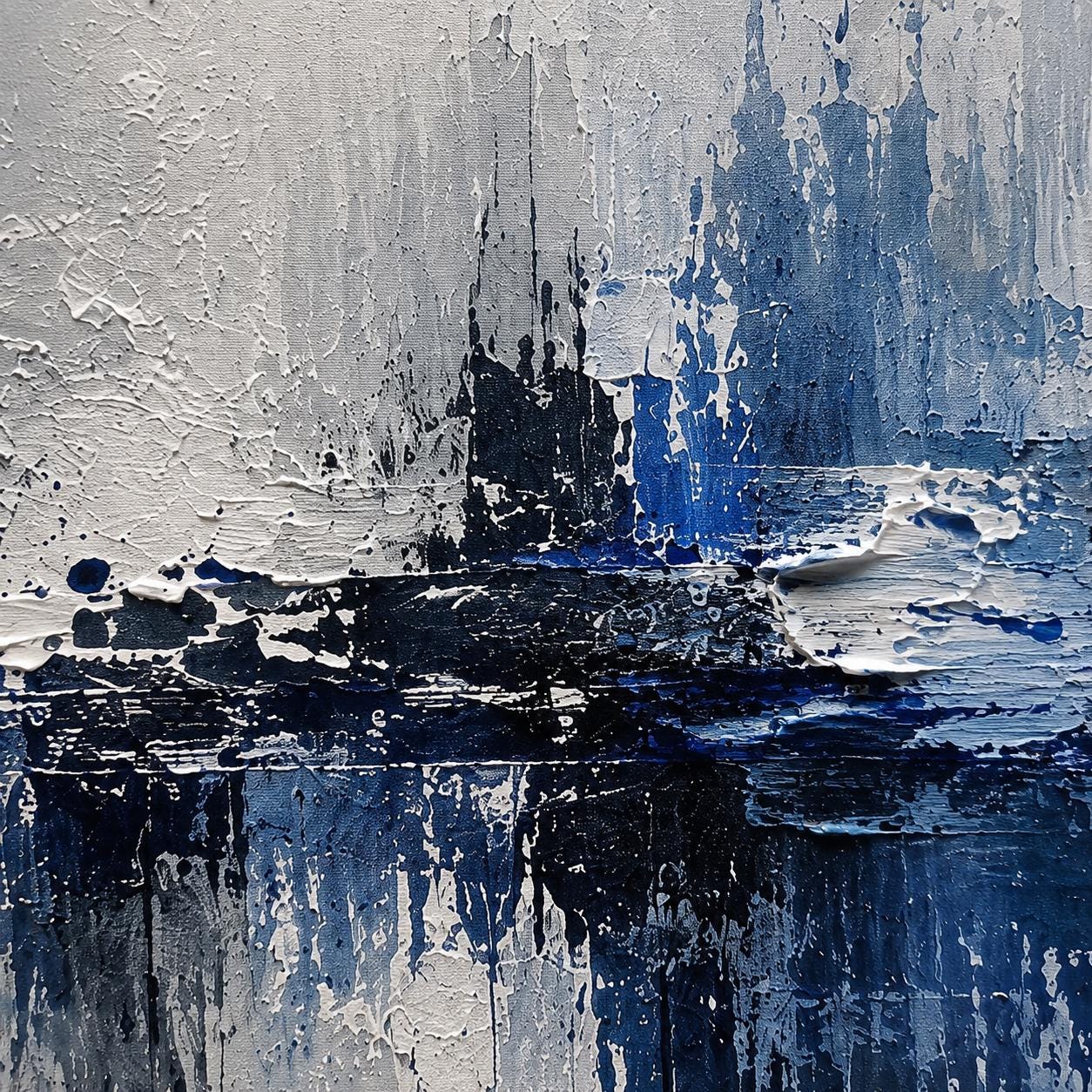 Textured Blue & White Abstract Painting, Impasto Canvas Art