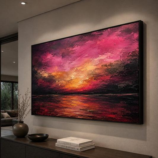 Textured Sunset Sea Painting, Pink & Purple Impasto Canvas Art