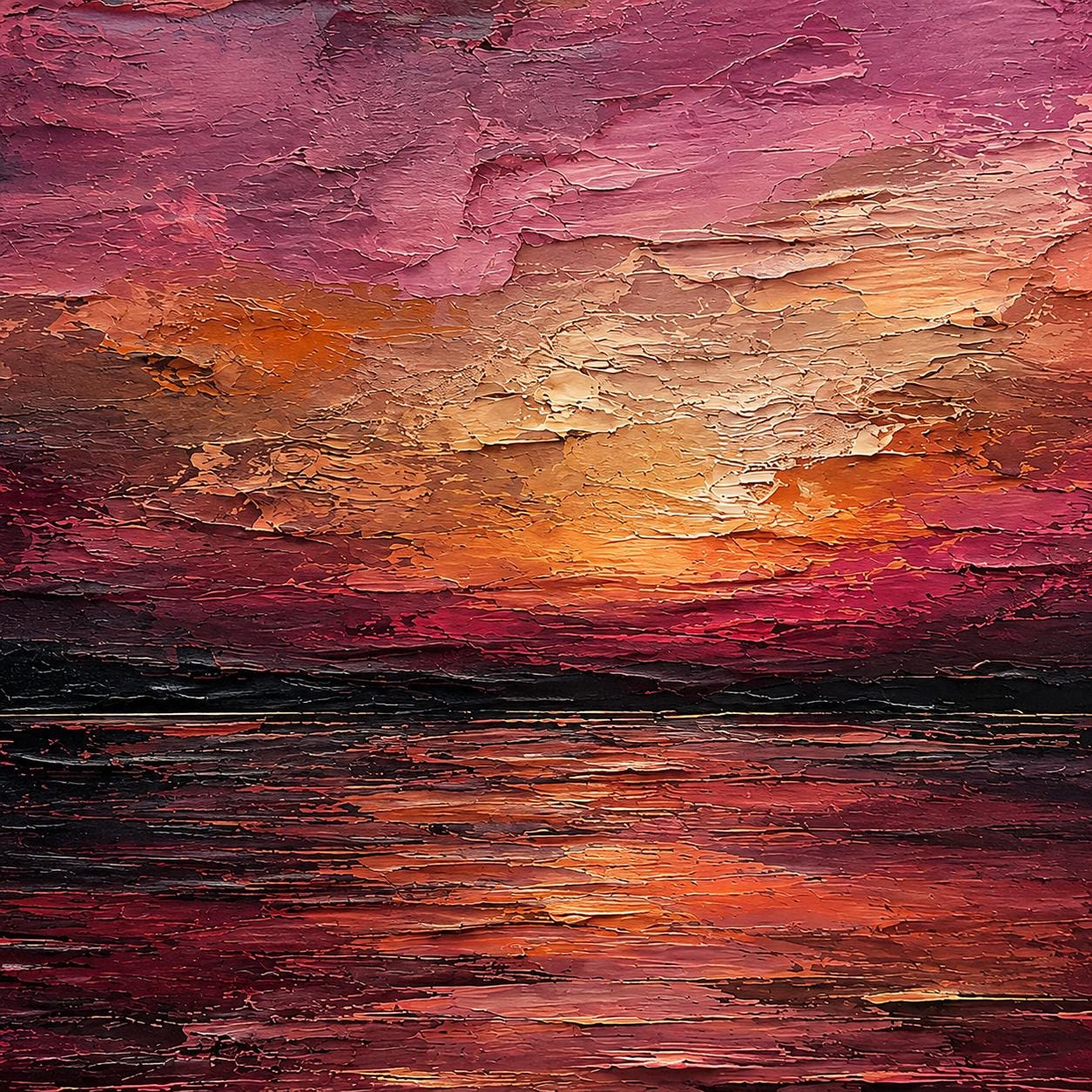 Textured Sunset Sea Painting, Pink & Purple Impasto Canvas Art