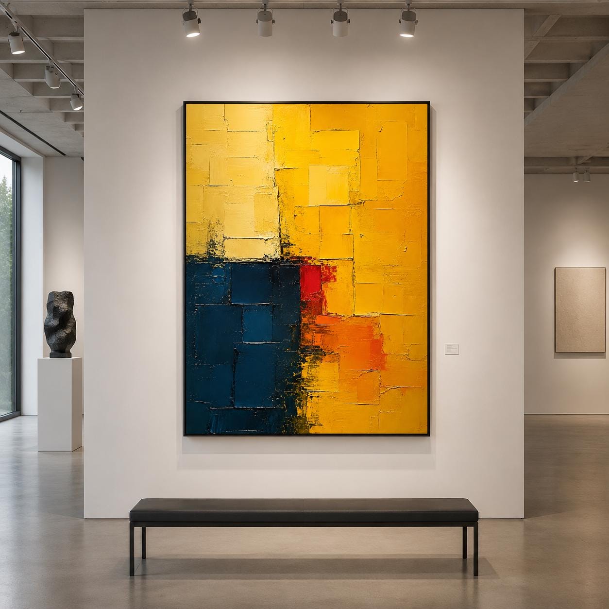 Textured Abstract Painting in Yellow, Blue & Red, Impasto Canvas Art