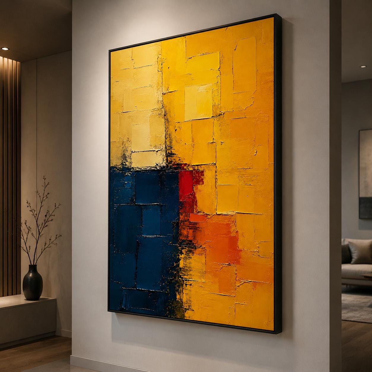 Textured Abstract Painting in Yellow, Blue & Red, Impasto Canvas Art