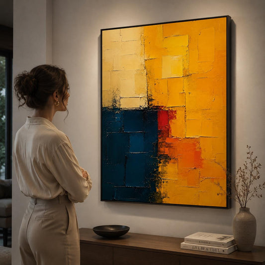 Textured Abstract Painting in Yellow, Blue & Red, Impasto Canvas Art