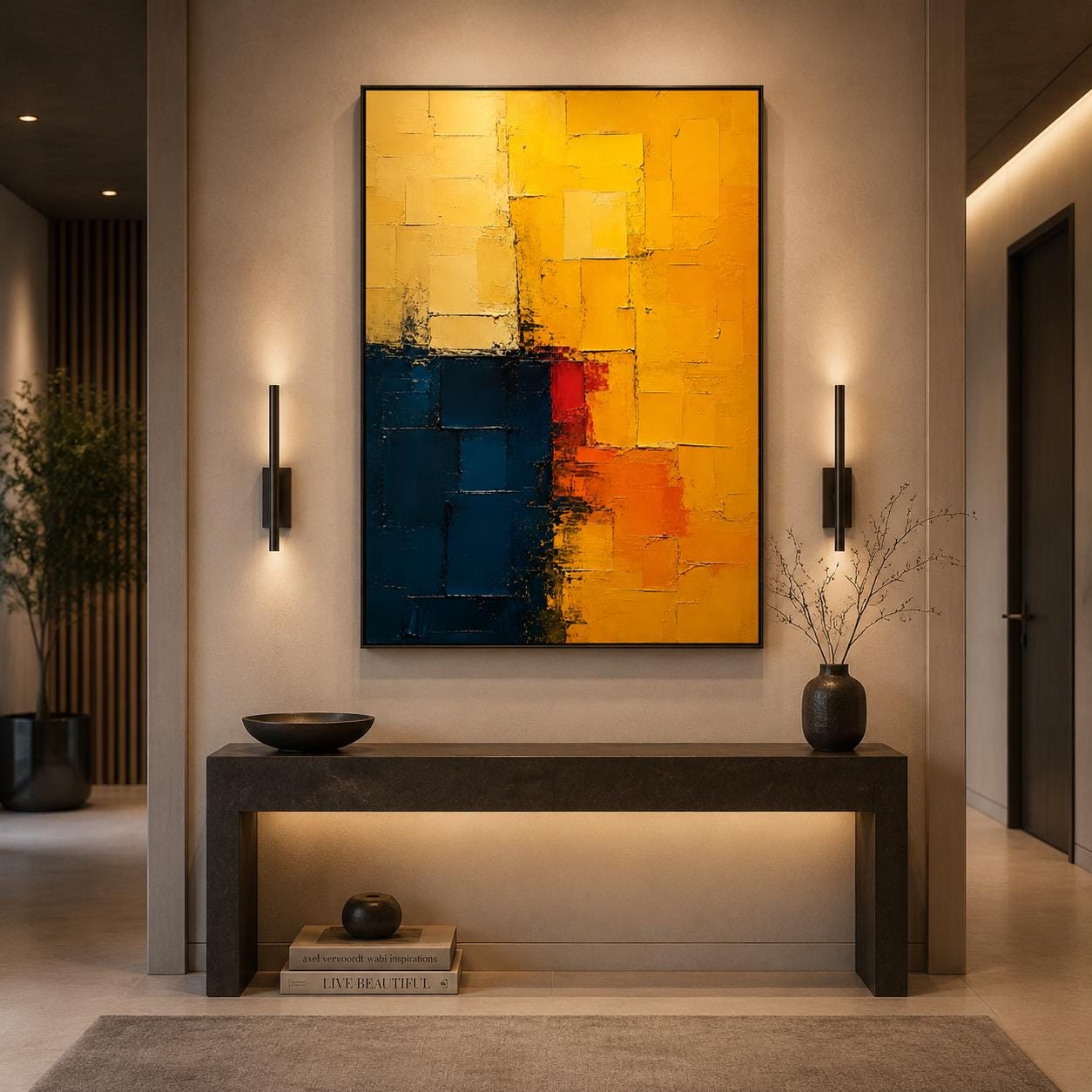 Textured Abstract Painting in Yellow, Blue & Red, Impasto Canvas Art