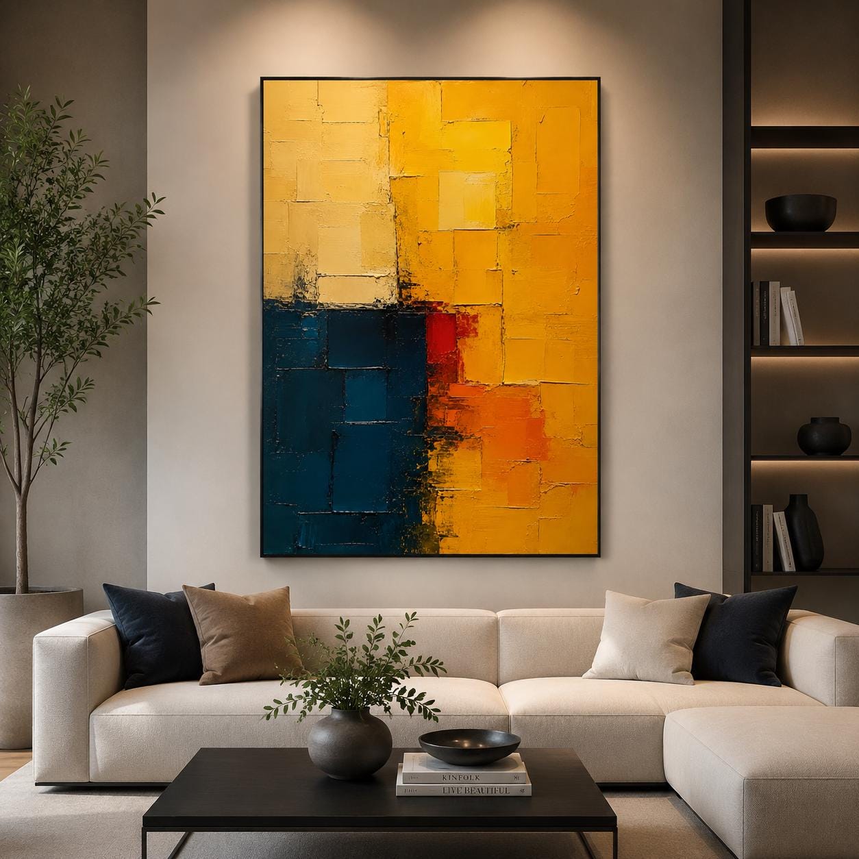 Textured Abstract Painting in Yellow, Blue & Red, Impasto Canvas Art