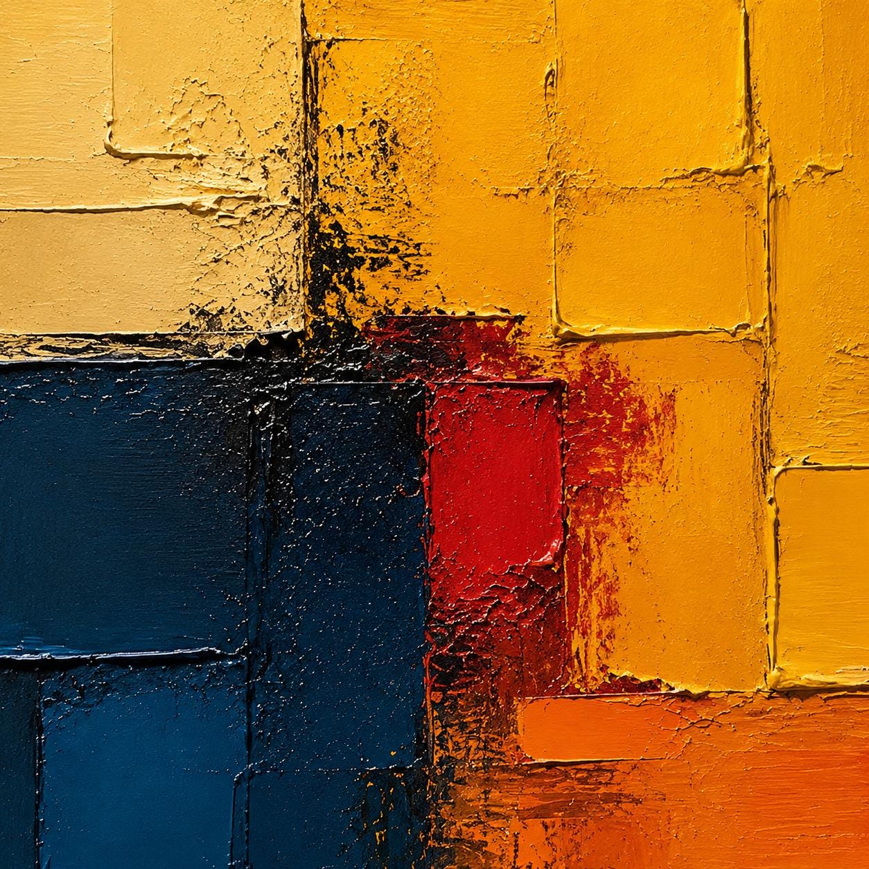 Textured Abstract Painting in Yellow, Blue & Red, Impasto Canvas Art