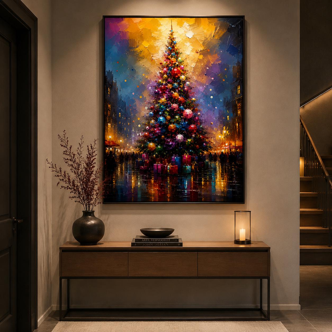 Colorful Christmas Tree Abstract Canvas – Impasto Holiday Wall Art, Cityscape Evening Scene