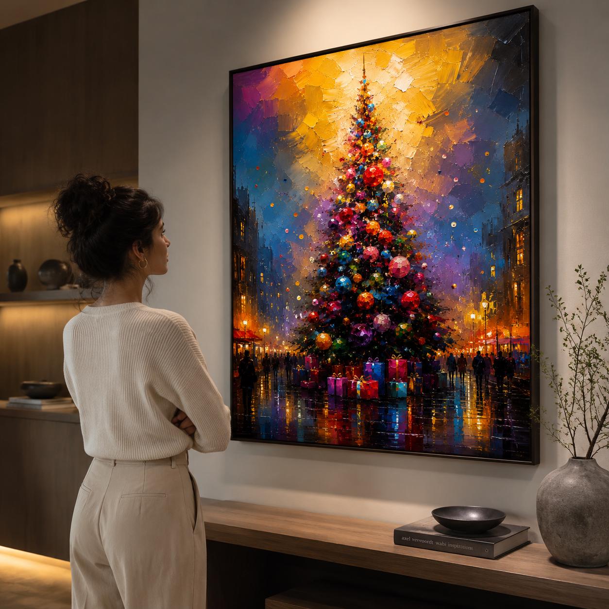 Colorful Christmas Tree Abstract Canvas – Impasto Holiday Wall Art, Cityscape Evening Scene