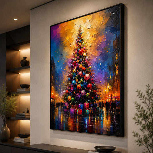 Colorful Christmas Tree Abstract Canvas – Impasto Holiday Wall Art, Cityscape Evening Scene