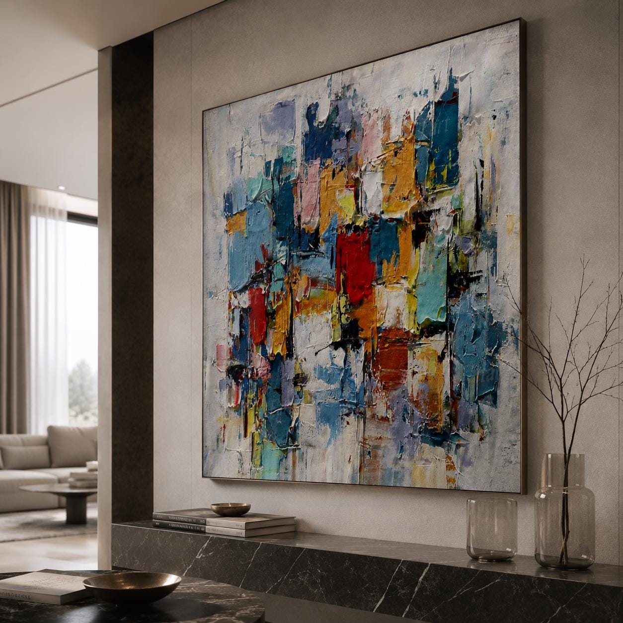 Abstract Geometric Canvas Art, Textured Contemporary Statement Wall Decor