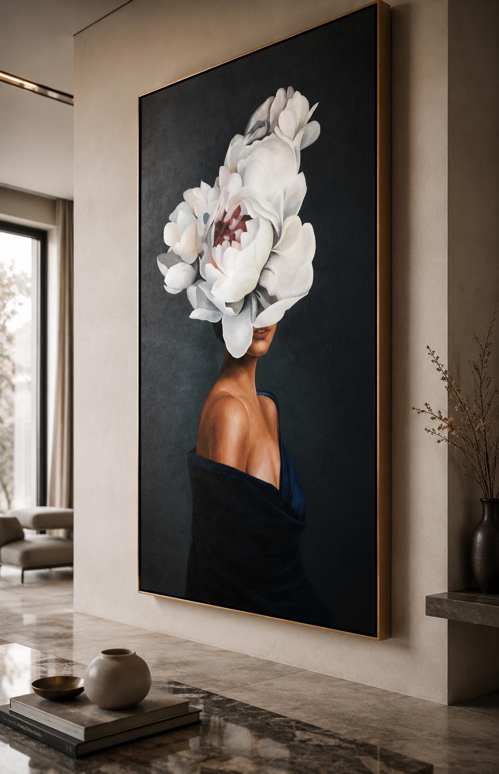 Floral Woman Portrait Canvas Painting, Abstract Face Artwork, Elegant Fashion Decor