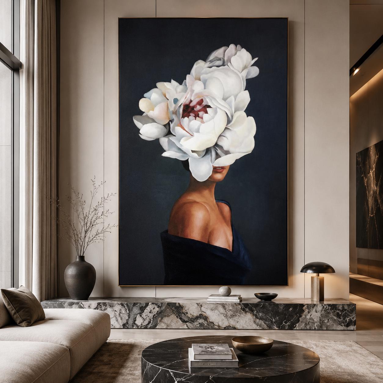 Floral Woman Portrait Canvas Painting, Abstract Face Artwork, Elegant Fashion Decor