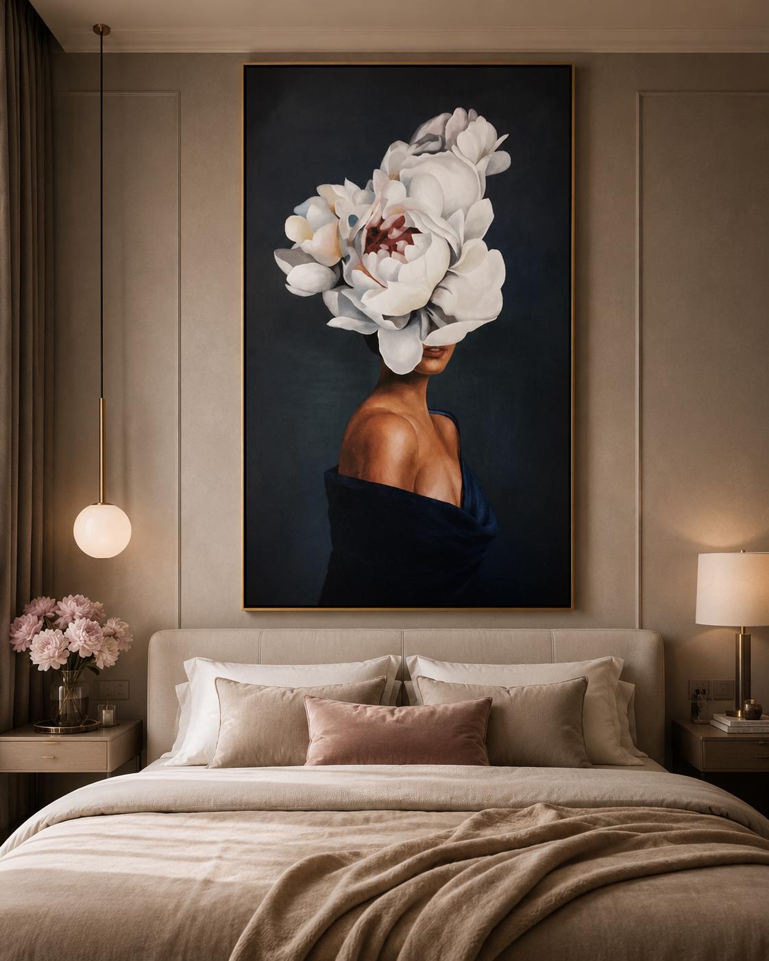 Floral Woman Portrait Canvas Painting, Abstract Face Artwork, Elegant Fashion Decor