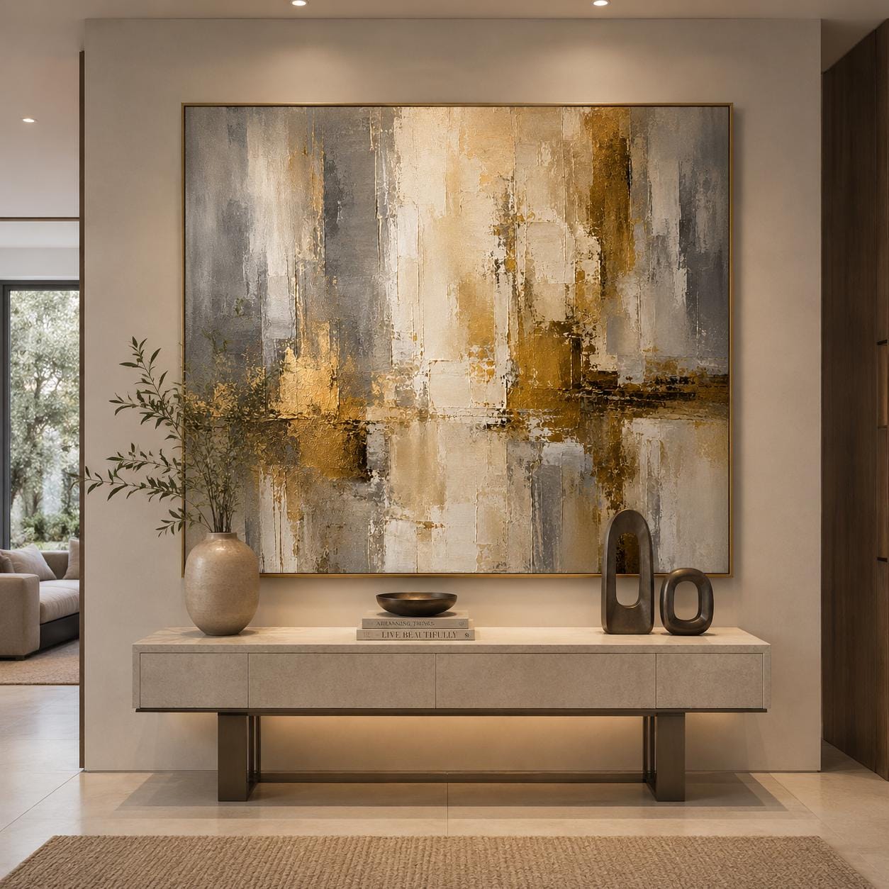 Textured Abstract Painting, Beige Gold Gray Canvas Art, Modern Luxury Wall Decor