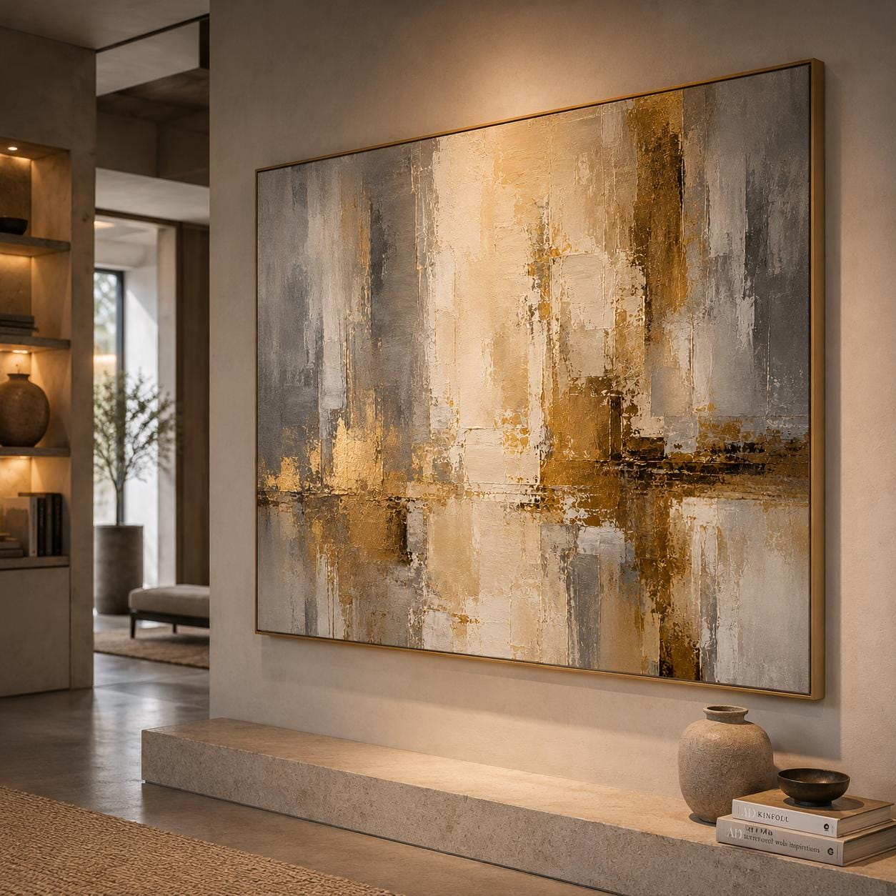 Textured Abstract Painting, Beige Gold Gray Canvas Art, Modern Luxury Wall Decor