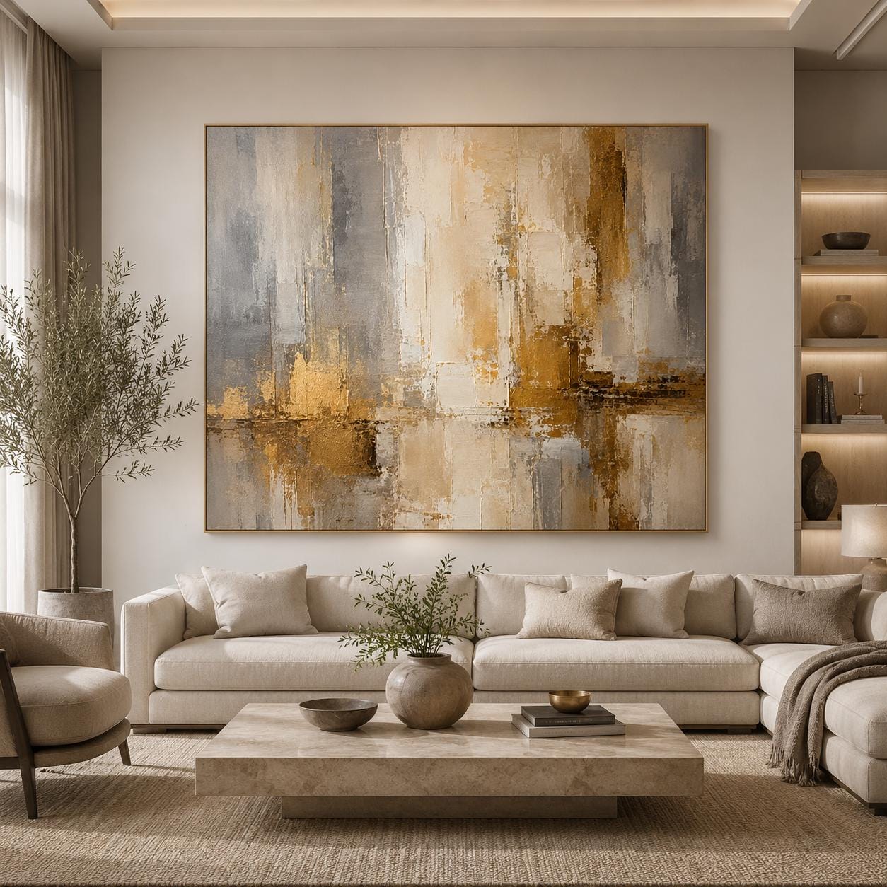 Textured Abstract Painting, Beige Gold Gray Canvas Art, Modern Luxury Wall Decor