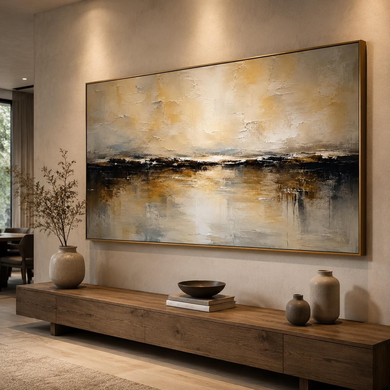 Textured Beige Abstract Landscape Painting, Modern Minimalist Horizontal Artwork