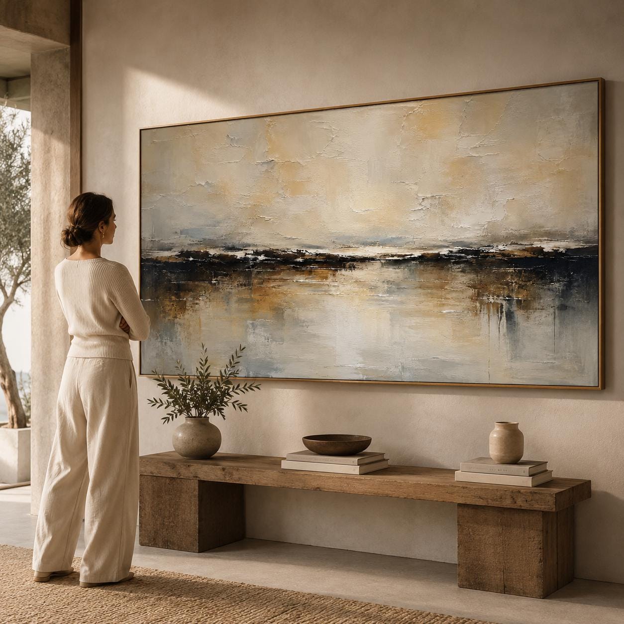 Textured Beige Abstract Landscape Painting, Modern Minimalist Horizontal Artwork