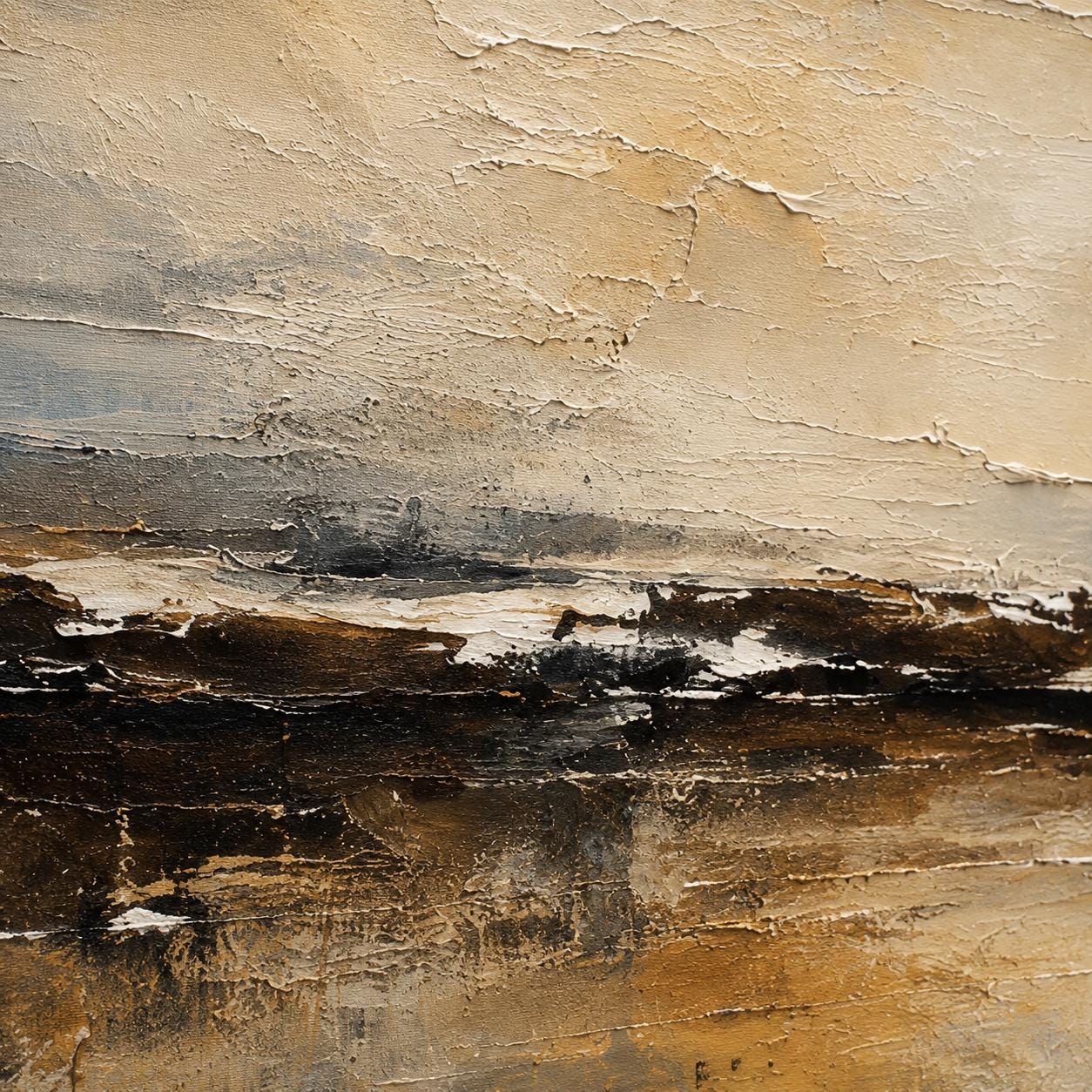 Textured Beige Abstract Landscape Painting, Modern Minimalist Horizontal Artwork